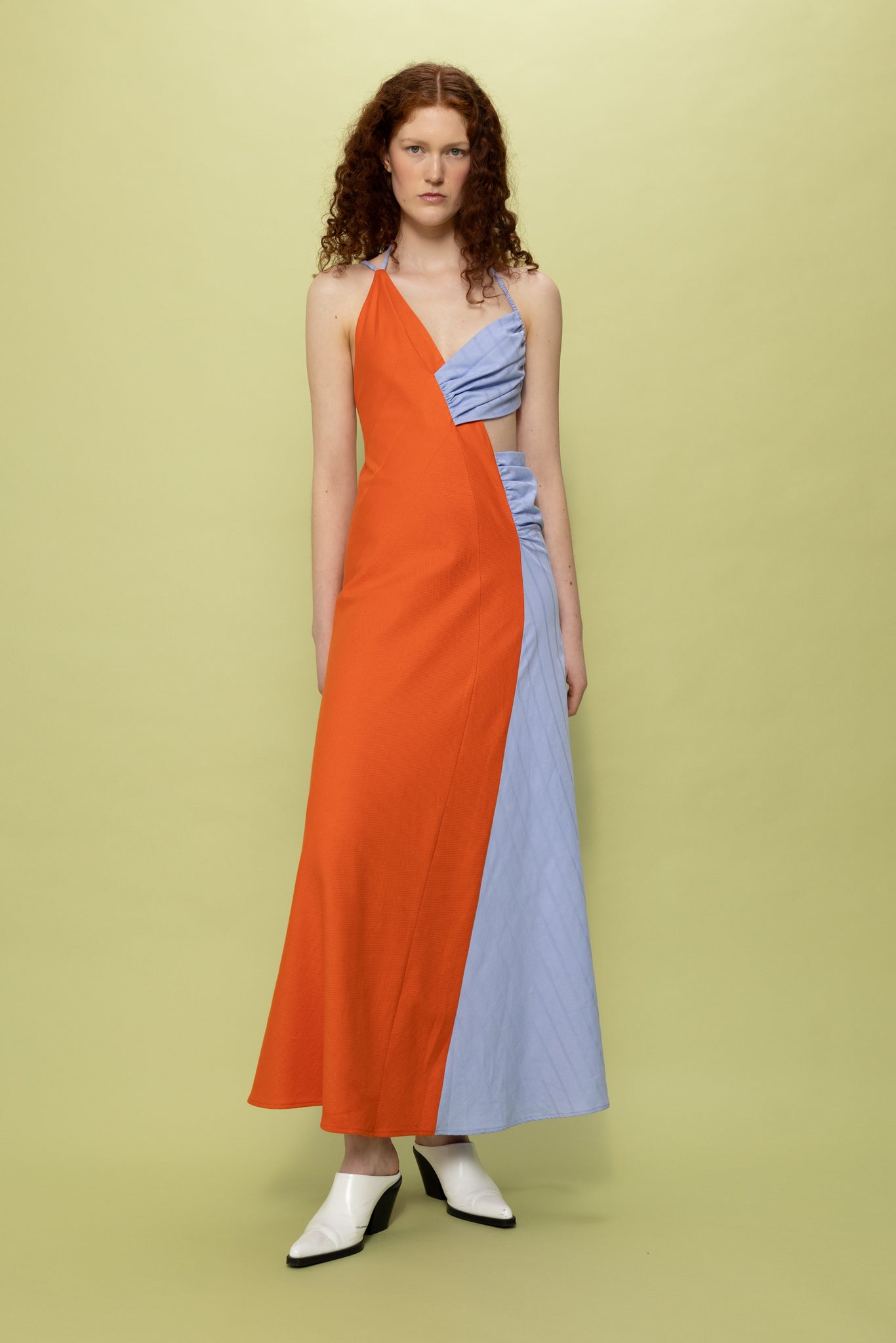 Hayley Dress Vermillion Orange and Lavender Lilac